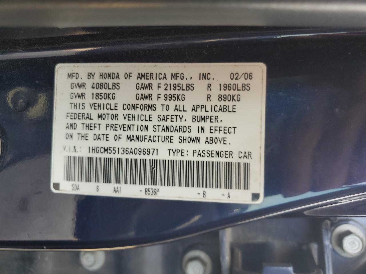 2006 Honda Accord Value VIN: 1HGCM55136A096971 Lot: 56439784