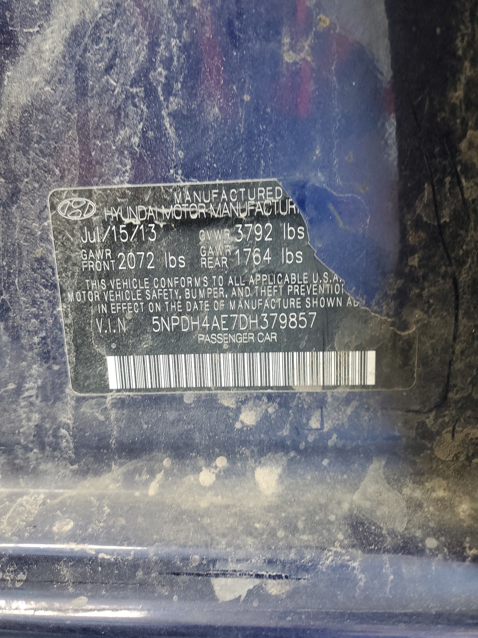 5NPDH4AE7DH379857 2013 Hyundai Elantra Gls