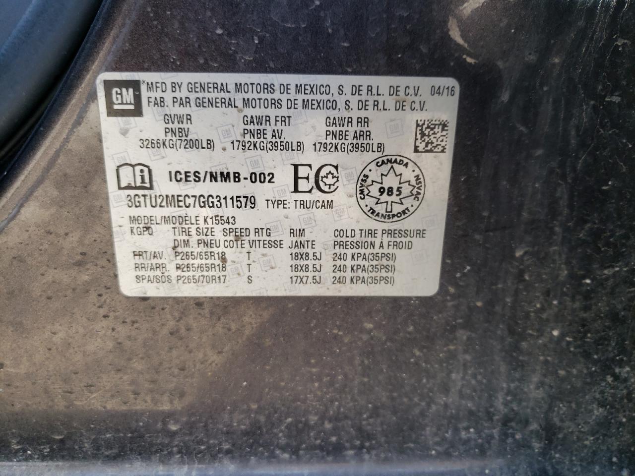 2016 GMC Sierra K1500 Sle VIN: 3GTU2MEC7GG311579 Lot: 54533314