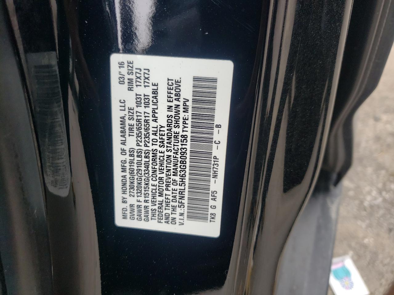 5FNRL5H63GB093158 2016 Honda Odyssey Exl