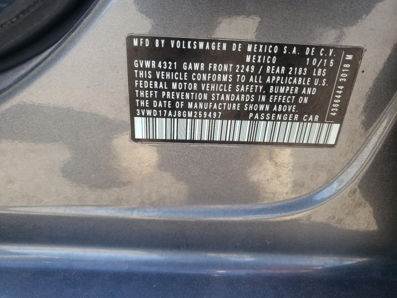 2016 Volkswagen Jetta Sport VIN: 3VWD17AJ8GM259497 Lot: 57116704