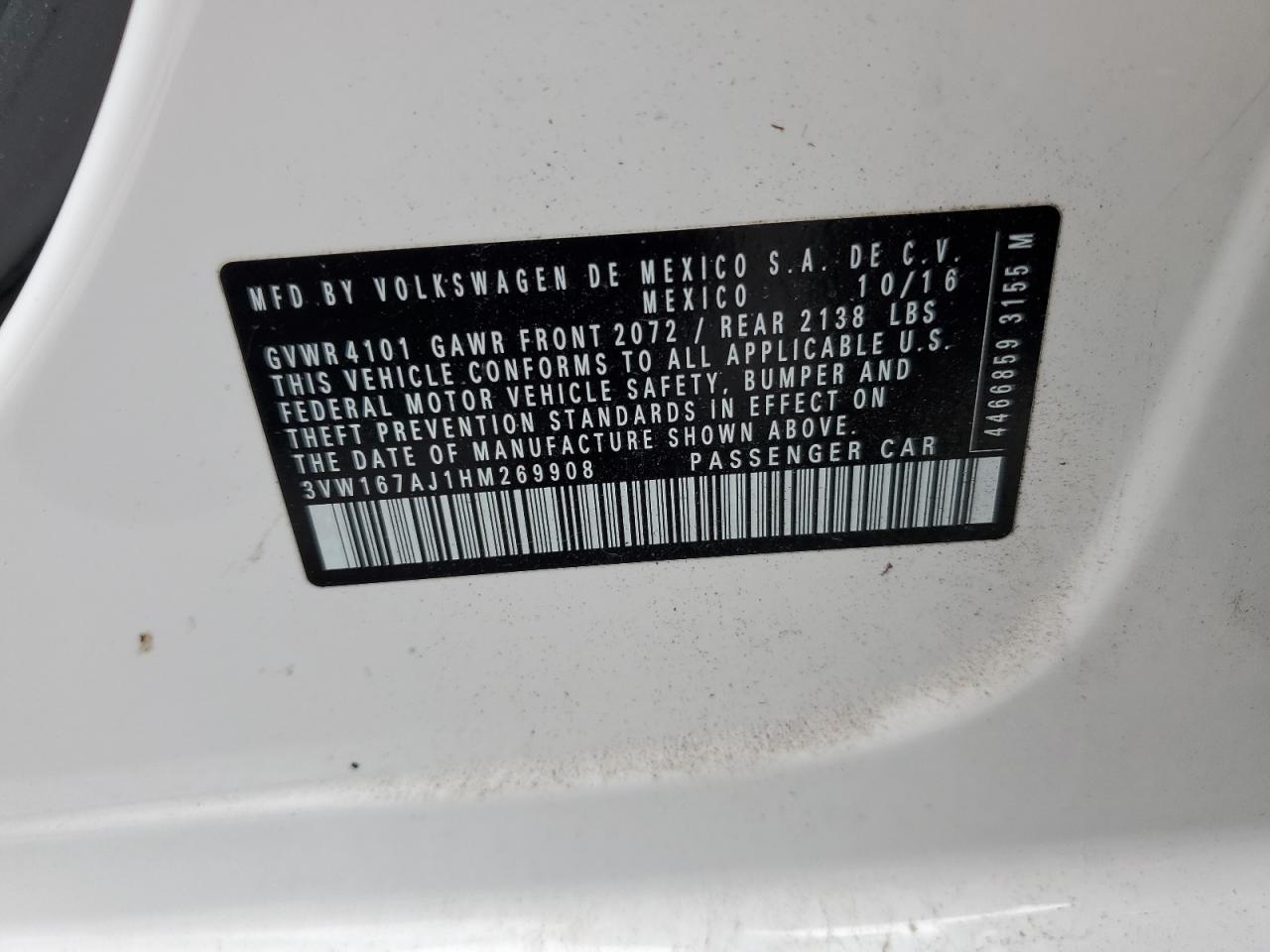 2017 Volkswagen Jetta S VIN: 3VW167AJ1HM269908 Lot: 54521964