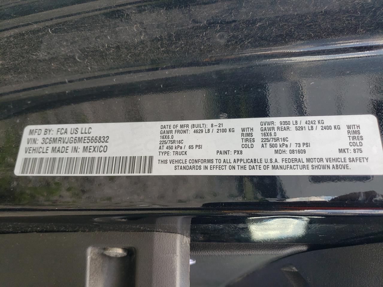 2021 Ram Promaster 3500 3500 High VIN: 3C6MRVJG6ME566832 Lot: 56538614