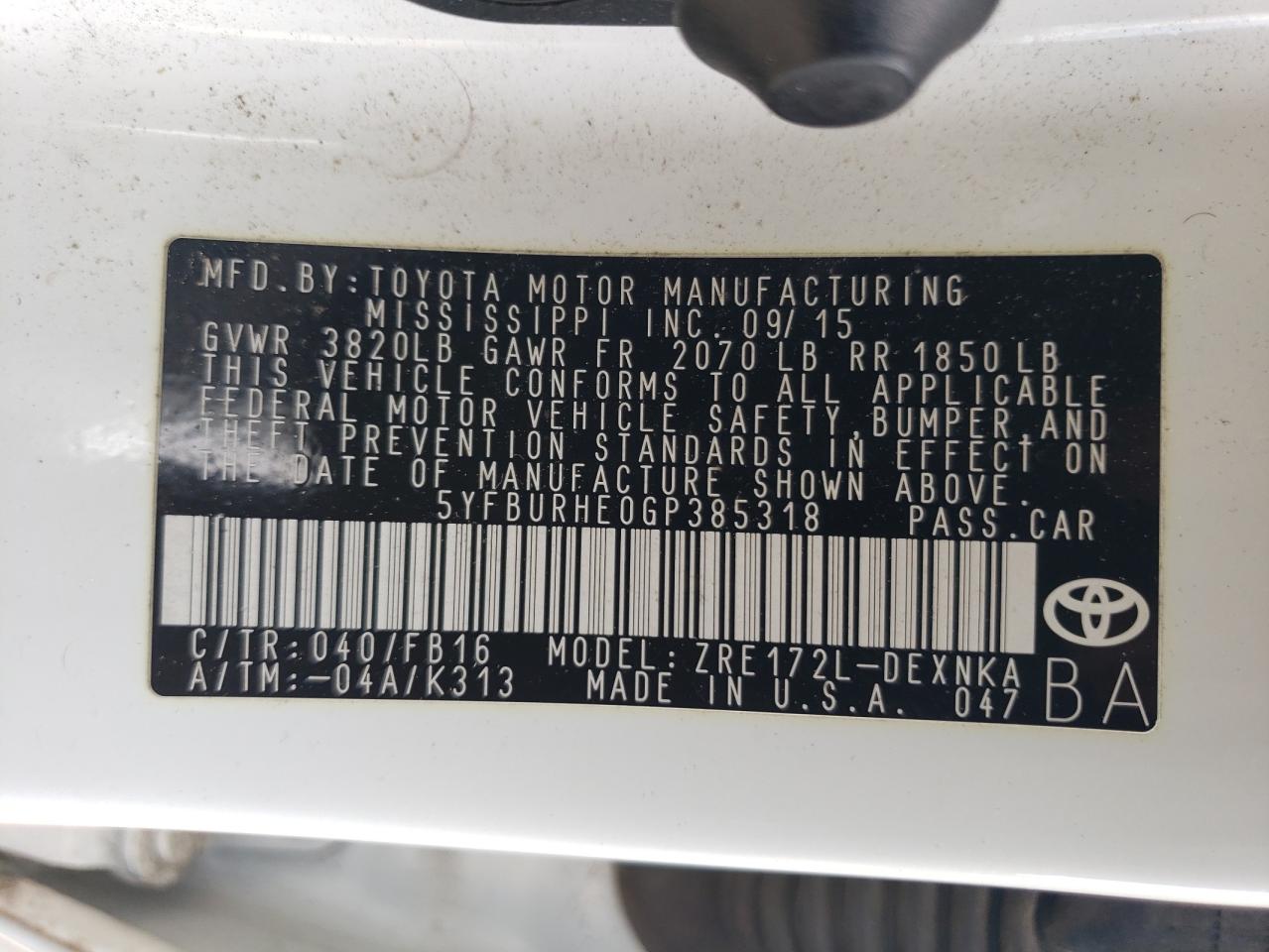 2016 Toyota Corolla L VIN: 5YFBURHE0GP385318 Lot: 53756564