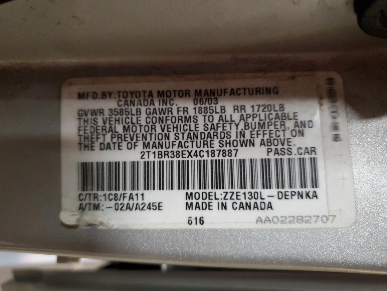 2004 Toyota Corolla Ce VIN: 2T1BR38EX4C187887 Lot: 57146594