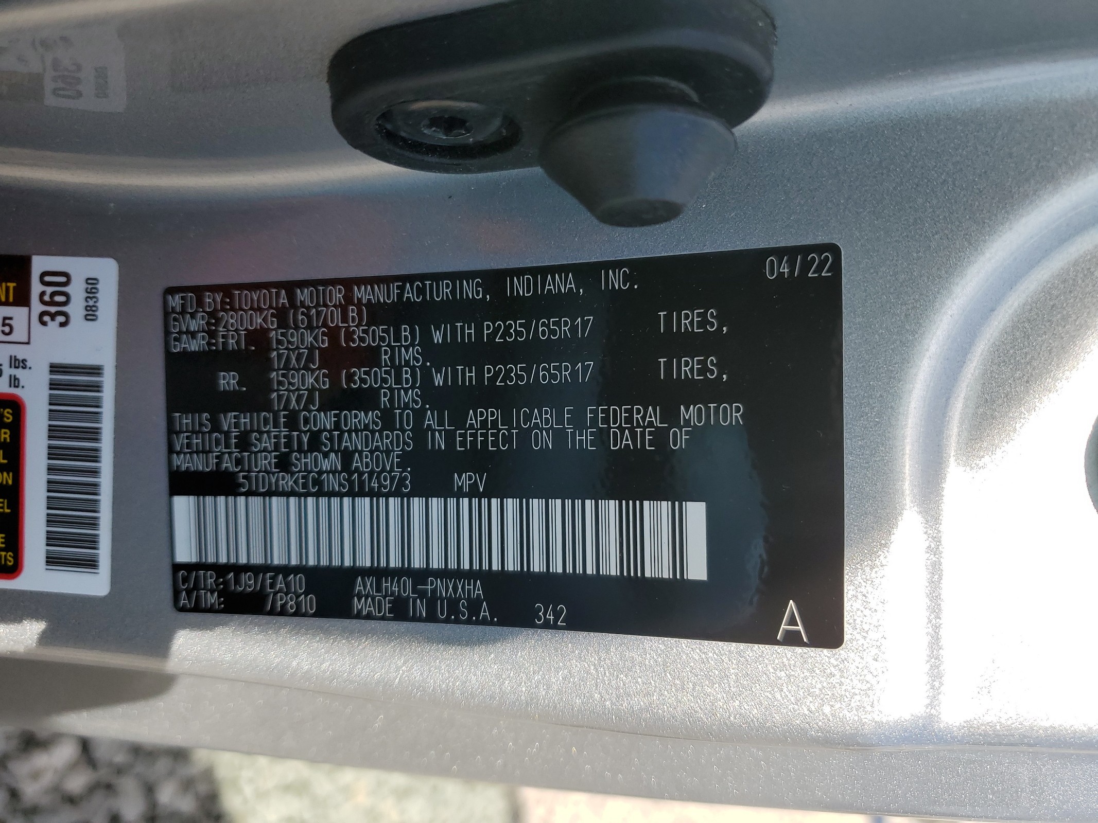 2022 Toyota Sienna Xle vin: 5TDYRKEC1NS114973