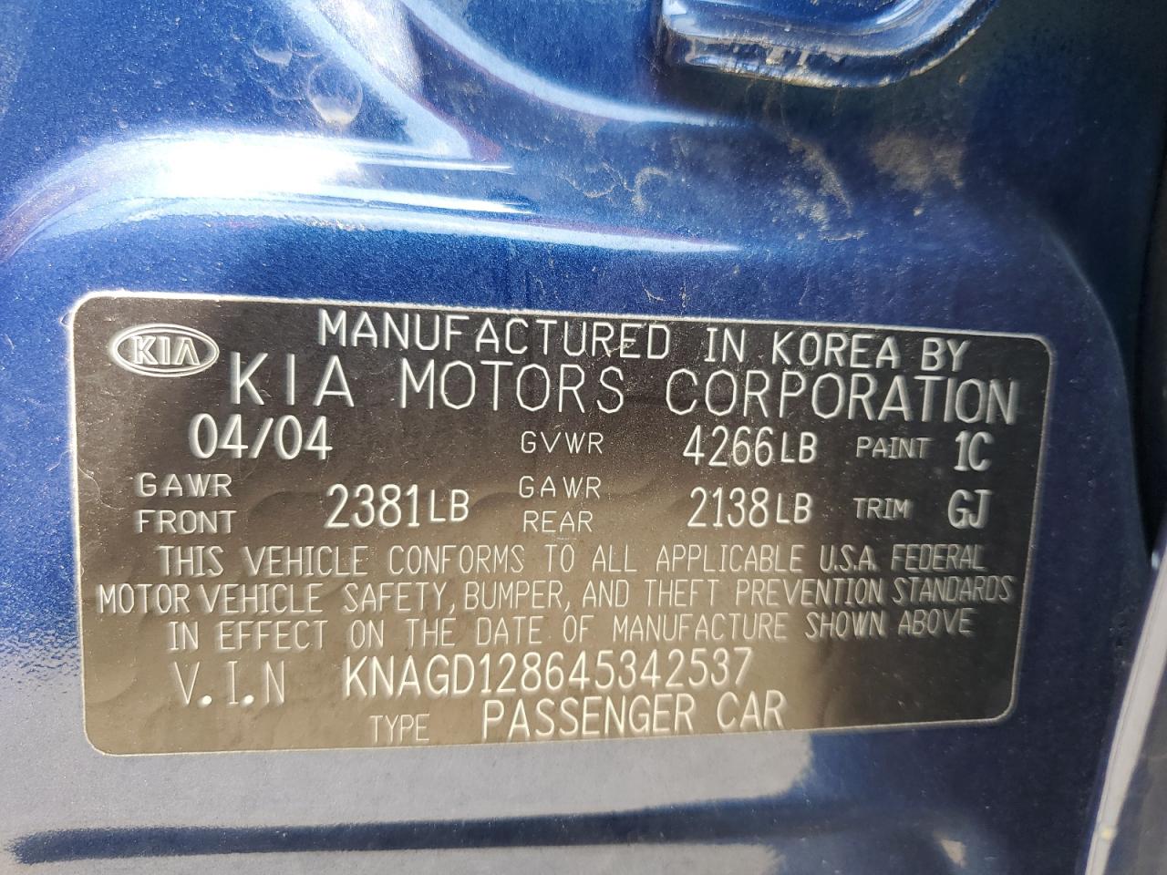 2004 Kia Optima Lx VIN: KNAGD128645342537 Lot: 56088014