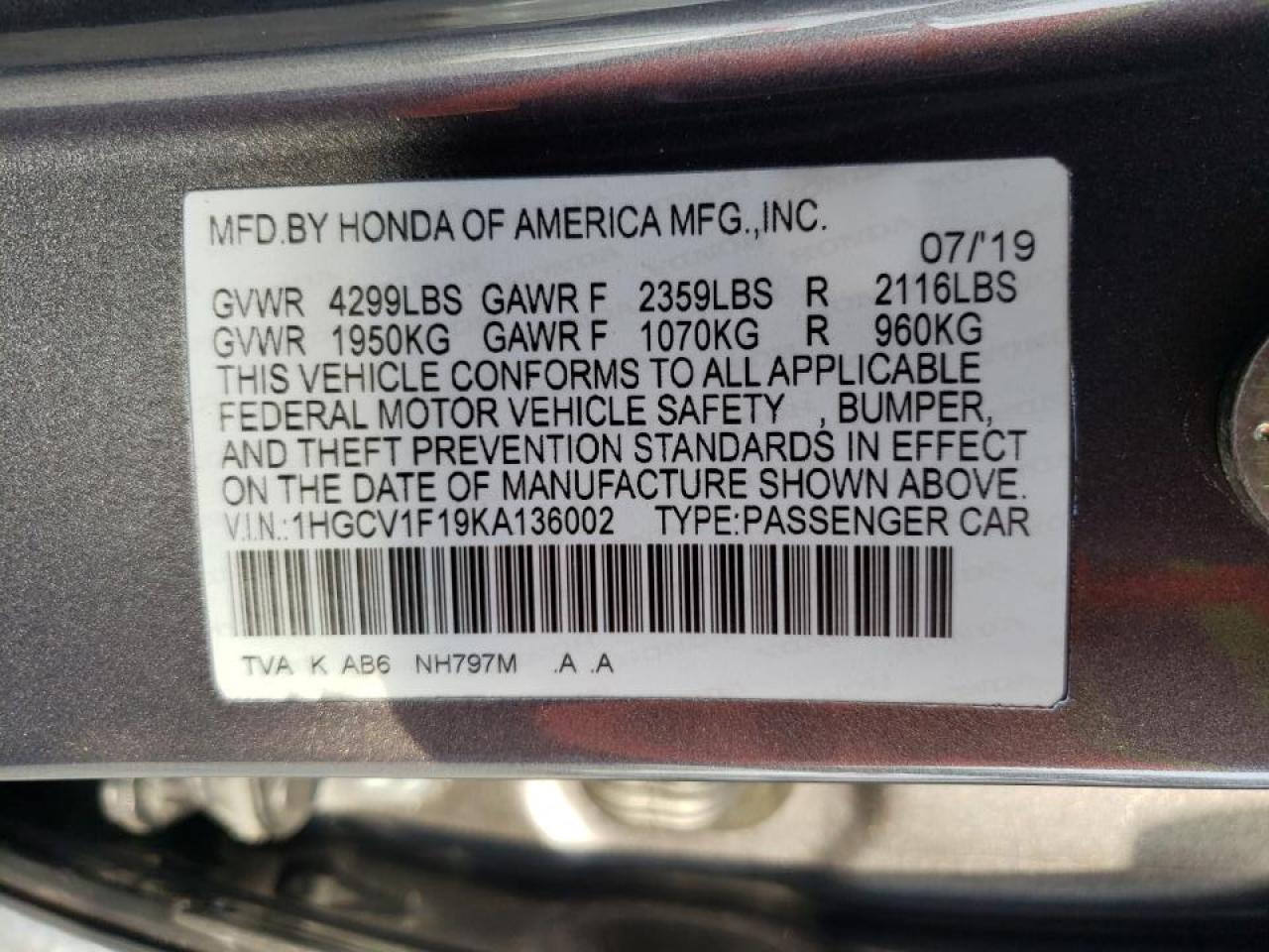 1HGCV1F19KA136002 2019 Honda Accord Lx