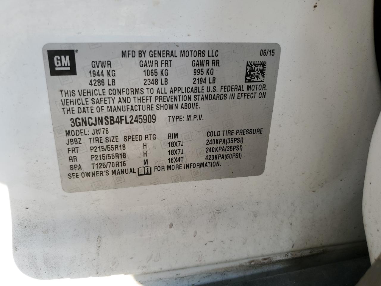 2015 Chevrolet Trax Ltz VIN: 3GNCJNSB4FL245909 Lot: 54953124