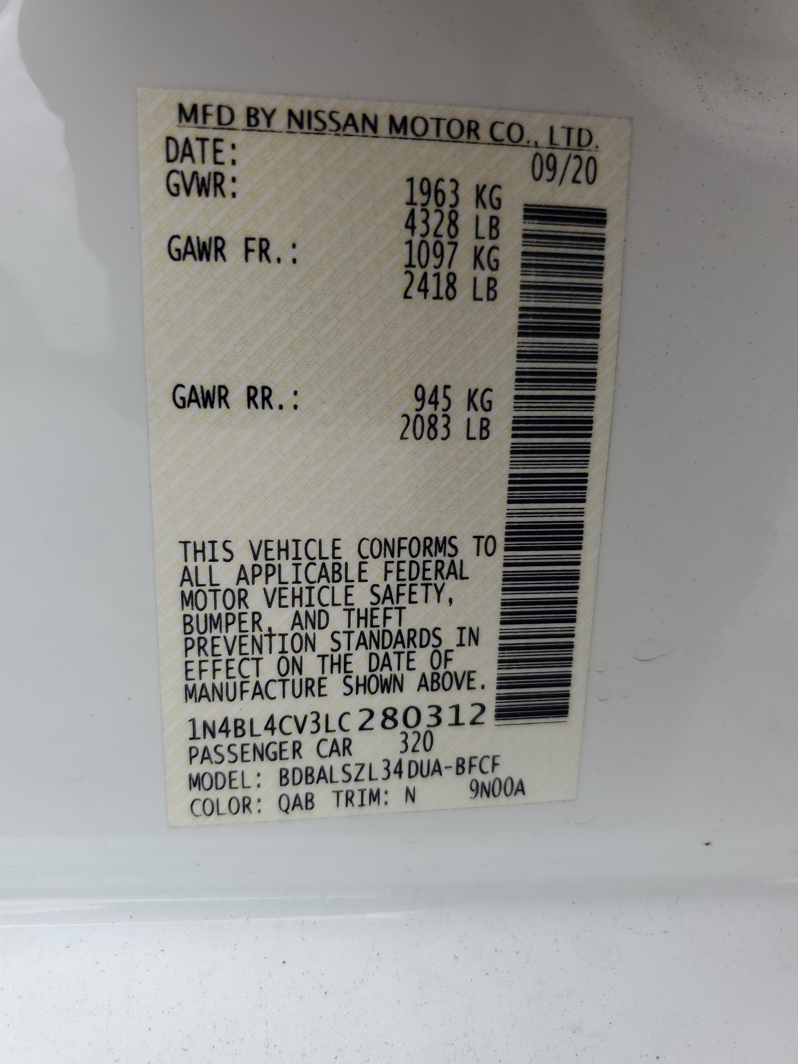 1N4BL4CV3LC280312 2020 Nissan Altima Sr