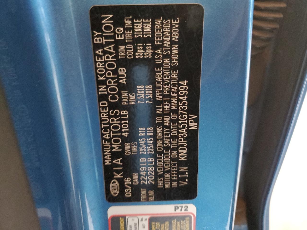 2016 Kia Soul + VIN: KNDJP3A51G7354994 Lot: 52886464