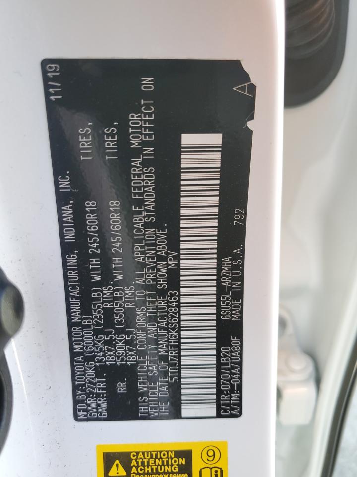 2019 Toyota Highlander Se VIN: 5TDJZRFH6KS628463 Lot: 53864954