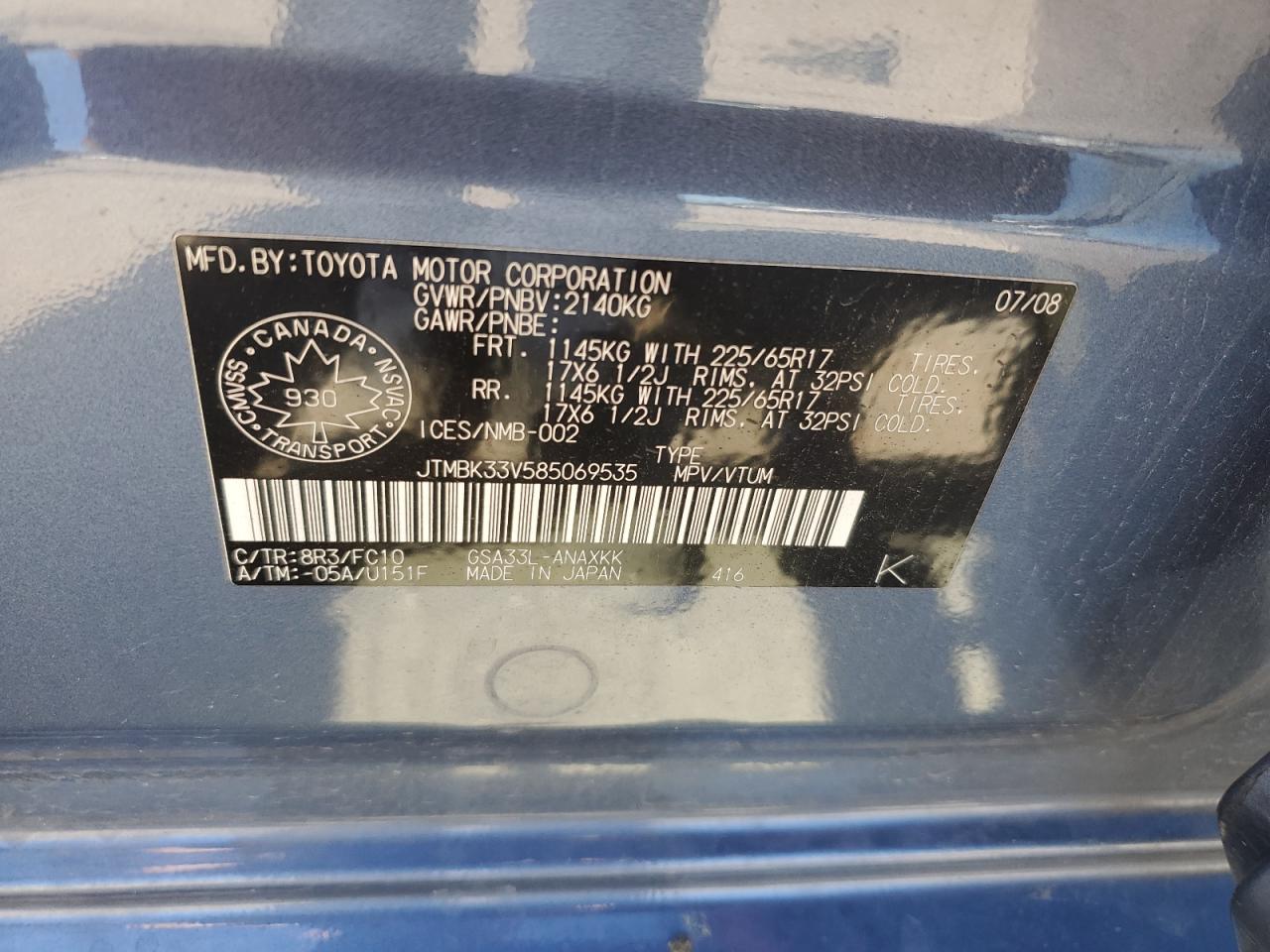 2008 Toyota Rav4 VIN: JTMBK33V585069535 Lot: 57287964