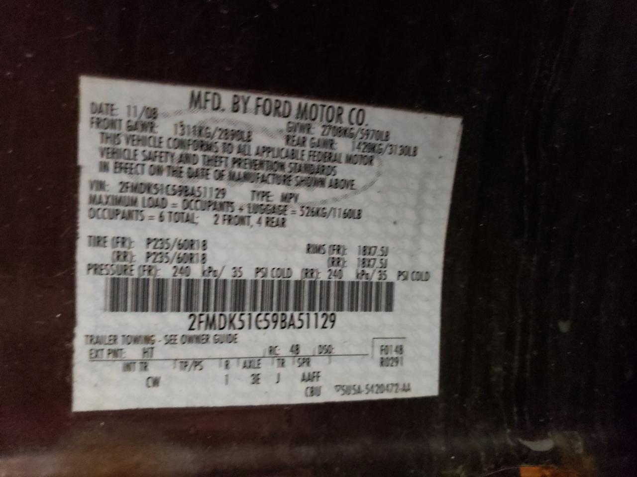 2009 Ford Flex Se VIN: 2FMDK51C59BA51129 Lot: 54356004