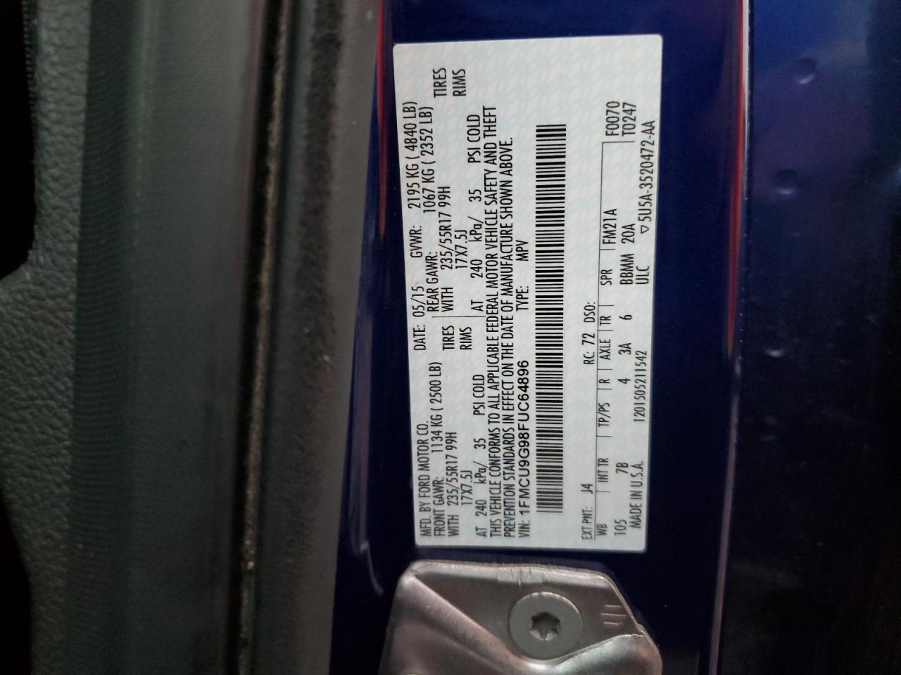 2015 Ford Escape Se VIN: 1FMCU9G98FUC64896 Lot: 54688274