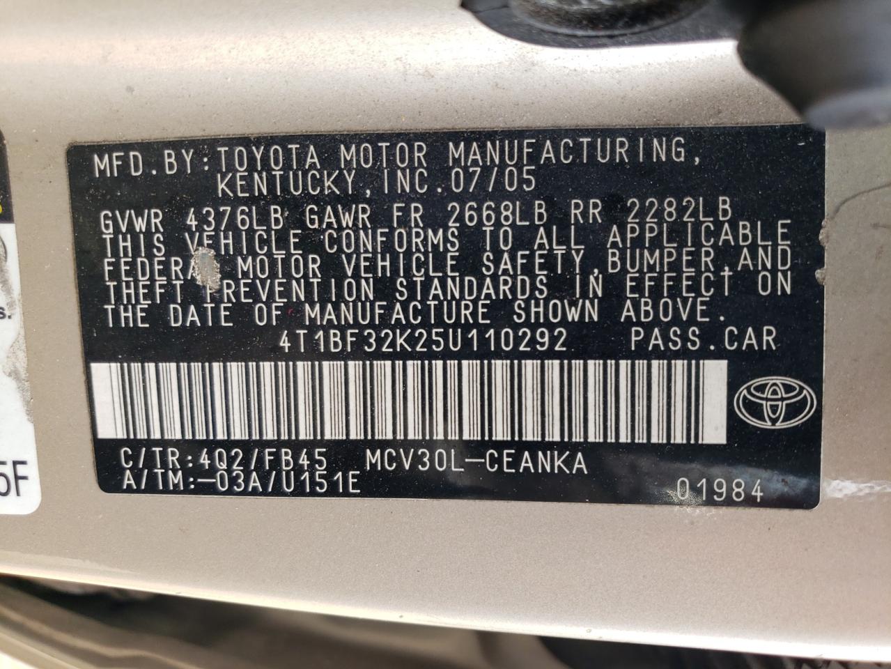 2005 Toyota Camry Le VIN: 4T1BF32K25U110292 Lot: 56315774