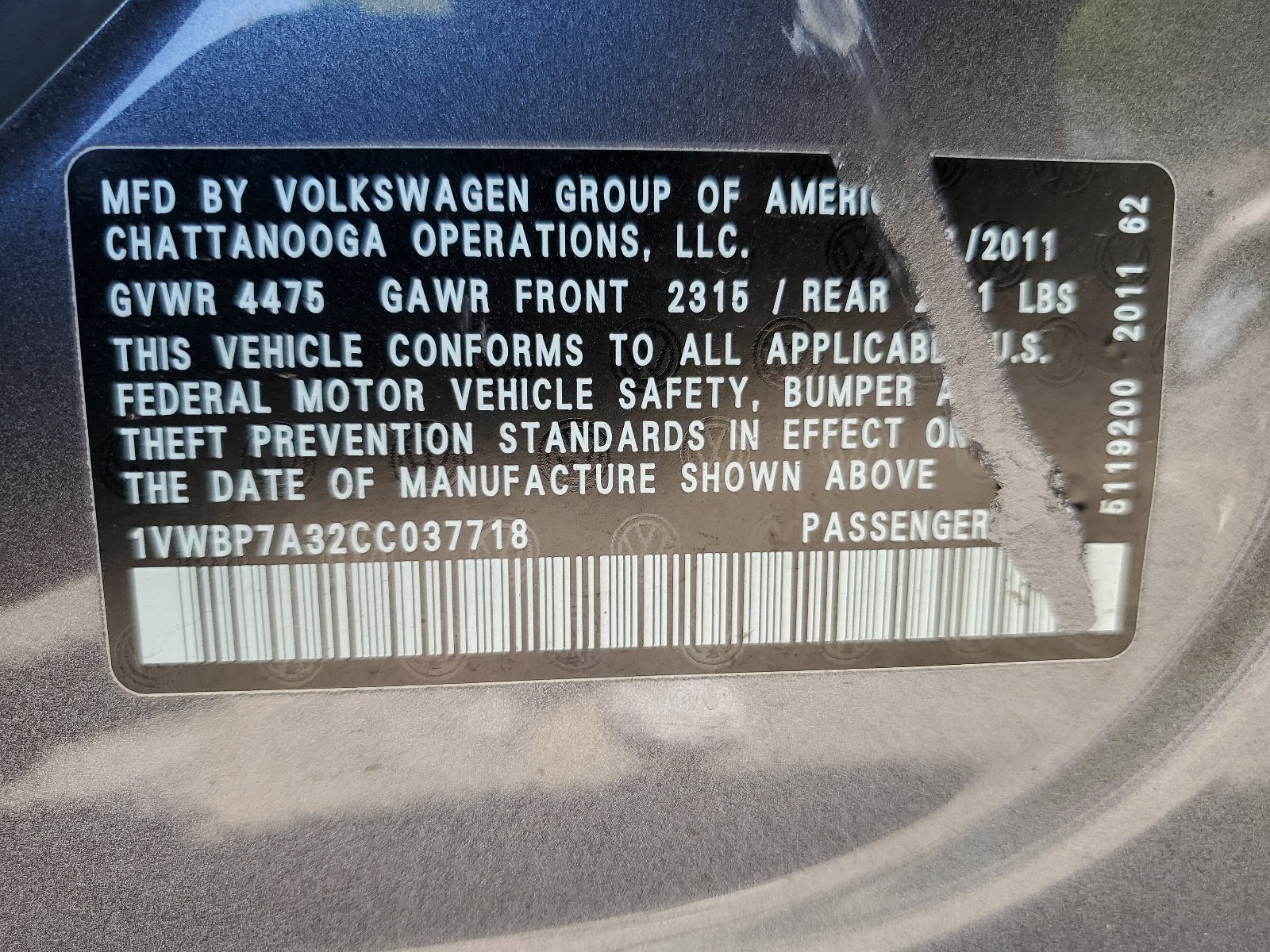 1VWBP7A32CC037718 2012 Volkswagen Passat Se