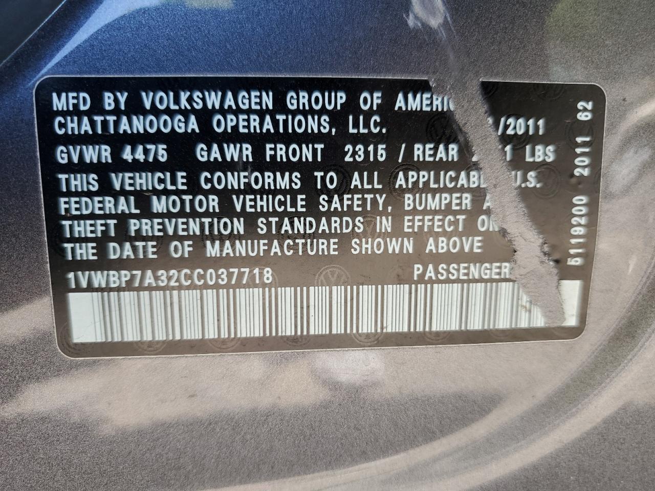 2012 Volkswagen Passat Se VIN: 1VWBP7A32CC037718 Lot: 53235574