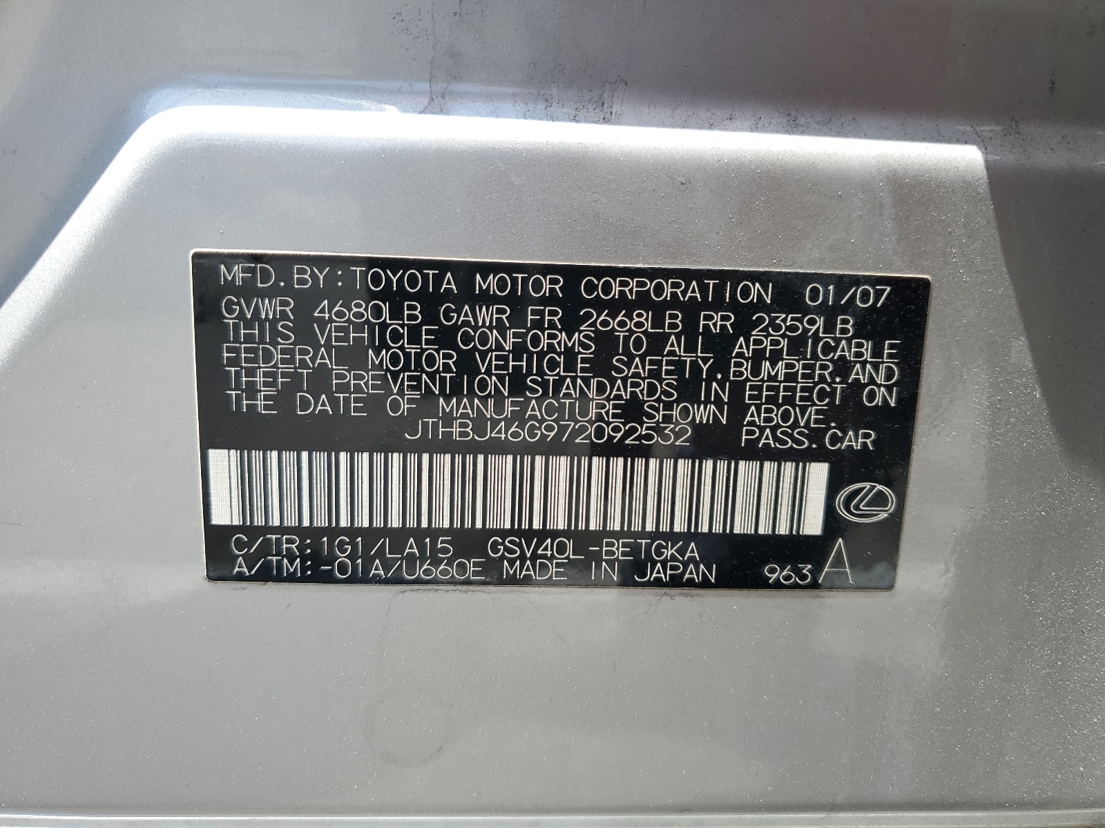 JTHBJ46G972092532 2007 Lexus Es 350