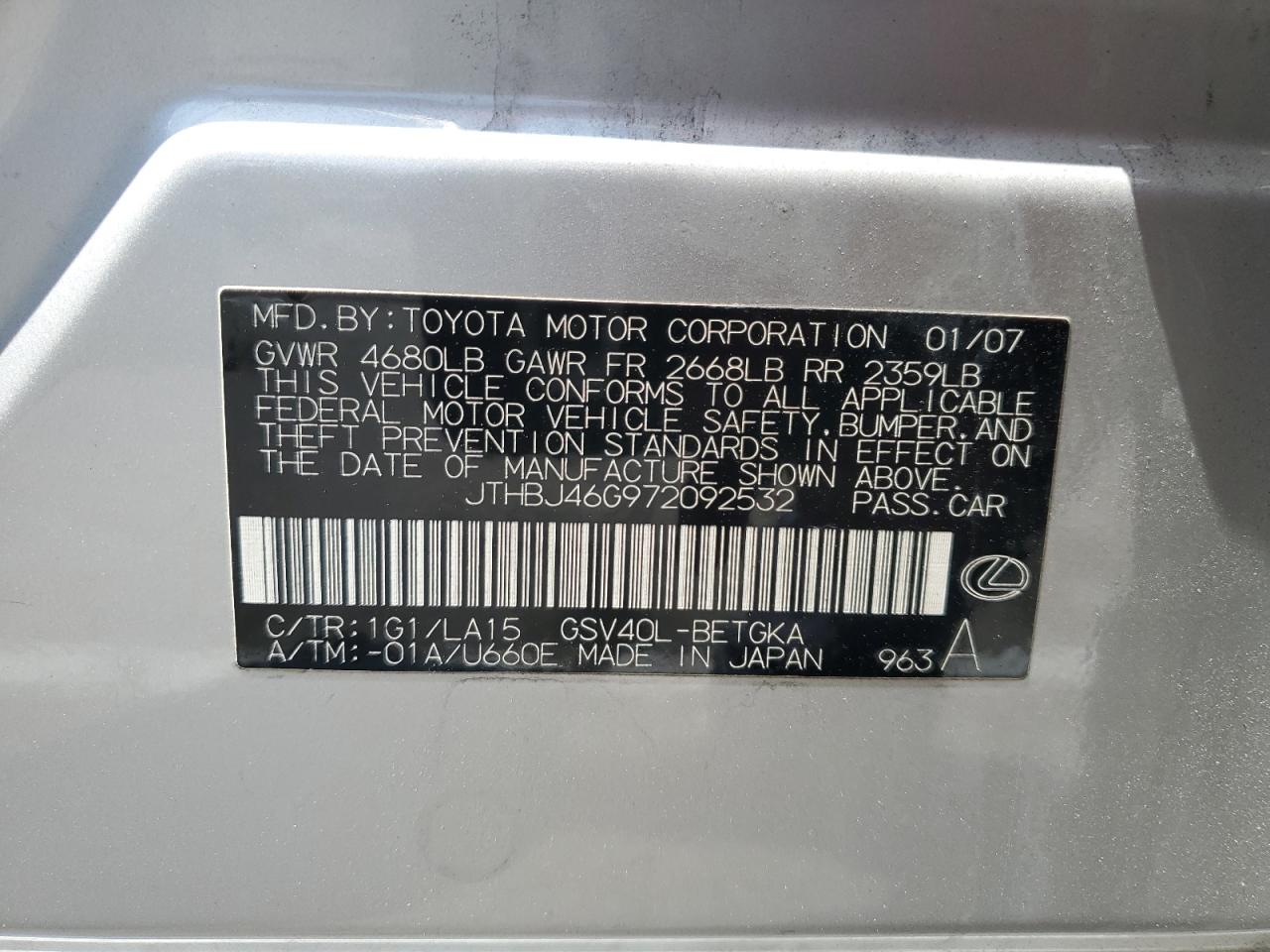 2007 Lexus Es 350 VIN: JTHBJ46G972092532 Lot: 57101784