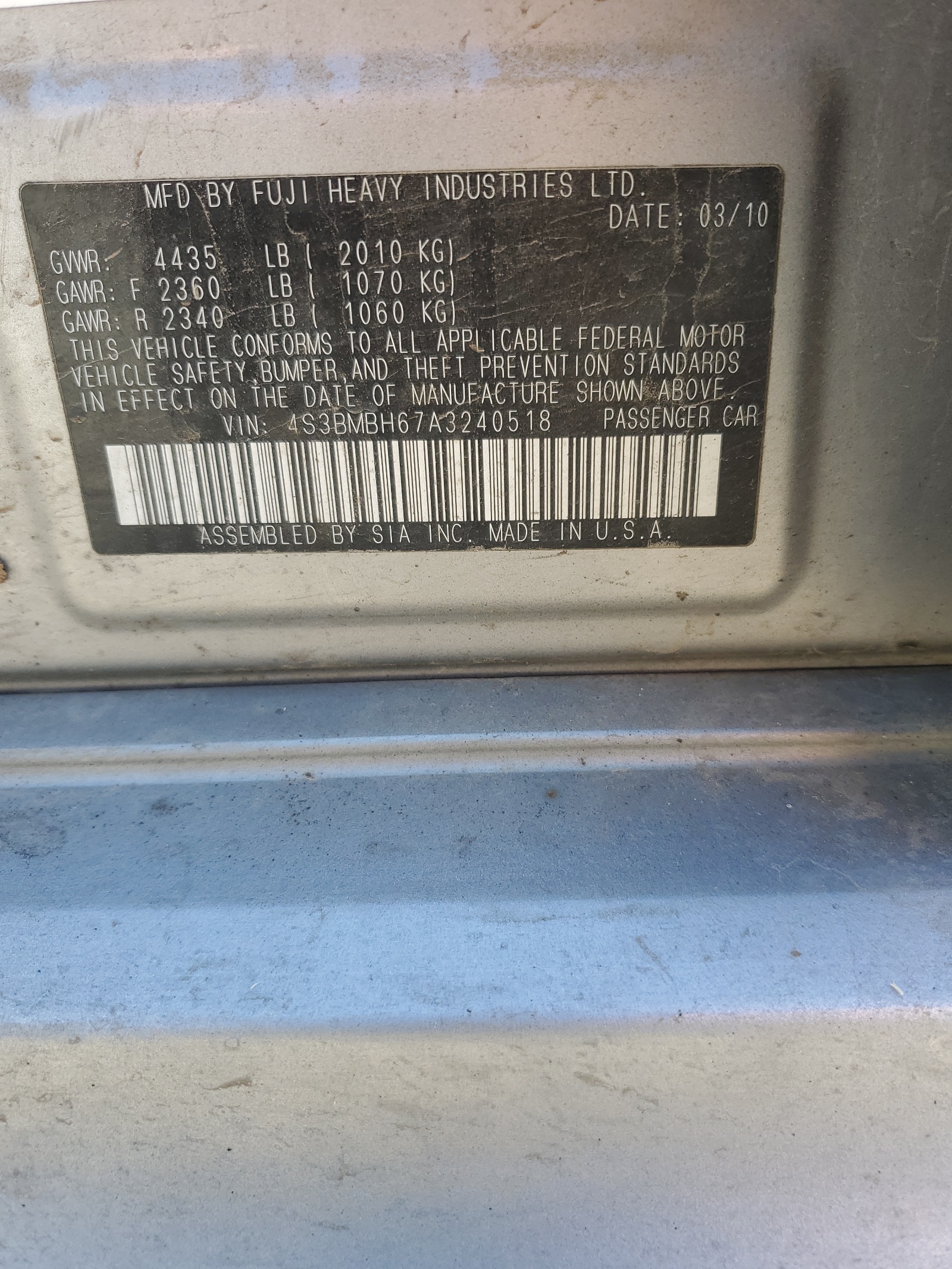 4S3BMBH67A3240518 2010 Subaru Legacy 2.5I Premium