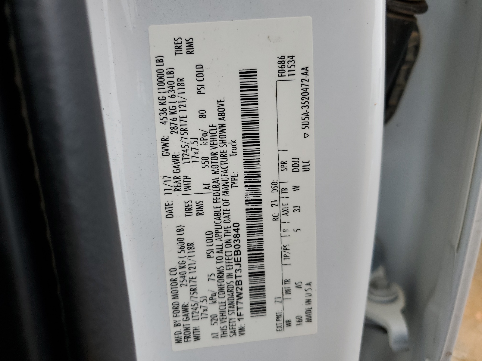 1FT7W2BT3JEB03840 2018 Ford F250 Super Duty