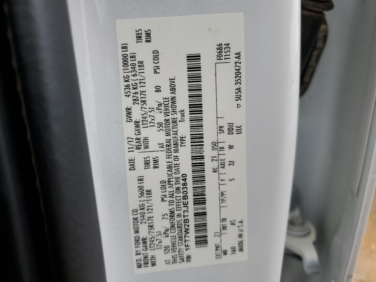 2018 Ford F250 Super Duty VIN: 1FT7W2BT3JEB03840 Lot: 54668614