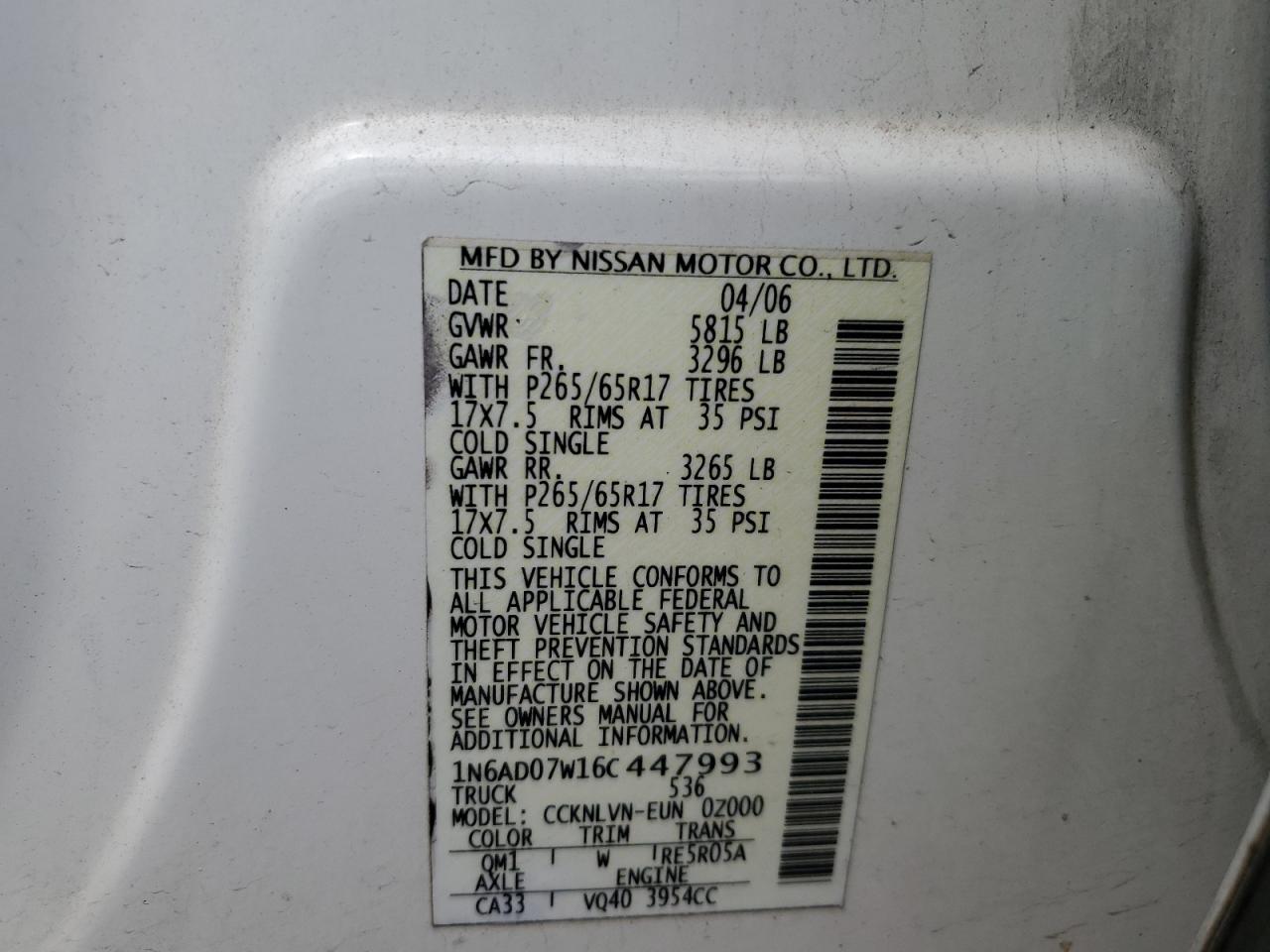 1N6AD07W16C447993 2006 Nissan Frontier Crew Cab Le