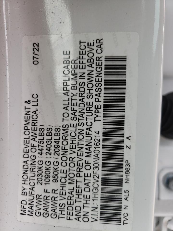 2022 Honda Accord Sport VIN: 1HGCV2F30NA016214 Lot: 55693064