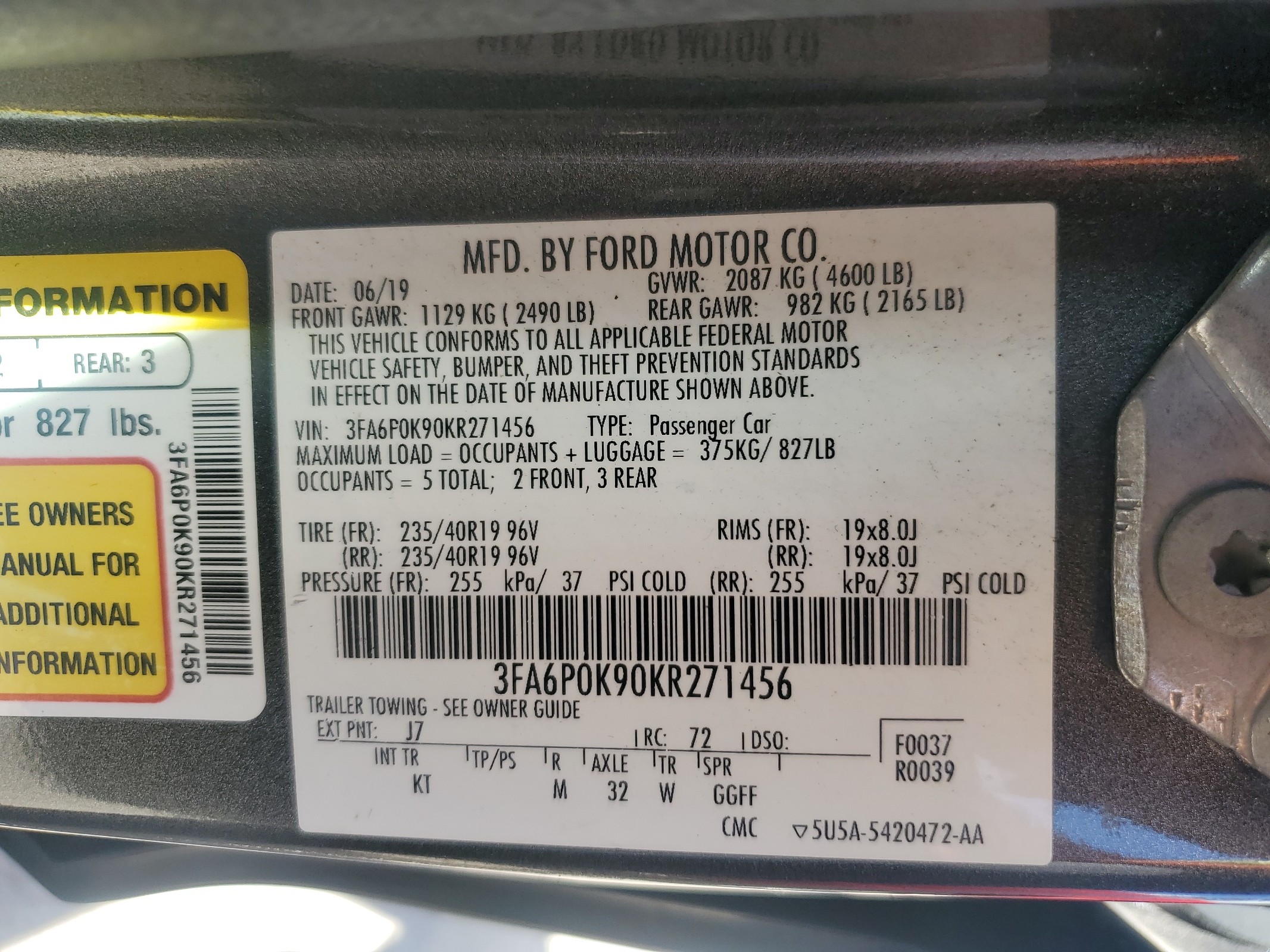 2019 Ford Fusion Titanium vin: 3FA6P0K90KR271456