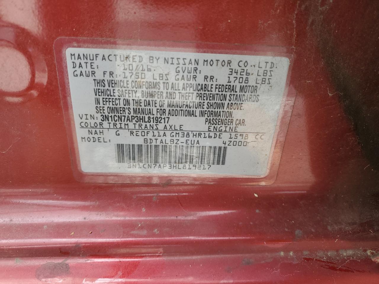 2017 Nissan Versa S VIN: 3N1CN7AP3HL819217 Lot: 53500584