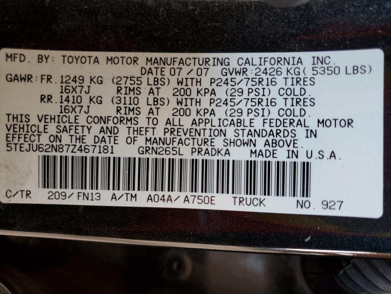 2007 Toyota Tacoma Double Cab Prerunner VIN: 5TEJU62N87Z467181 Lot: 56266464