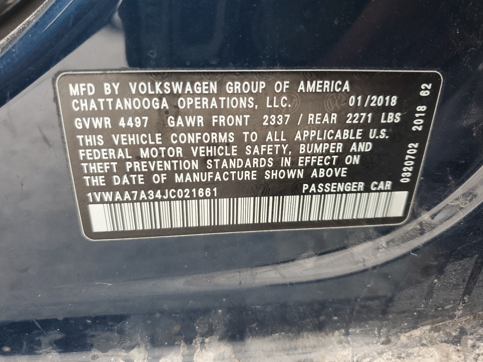 1VWAA7A34JC021661 2018 Volkswagen Passat S