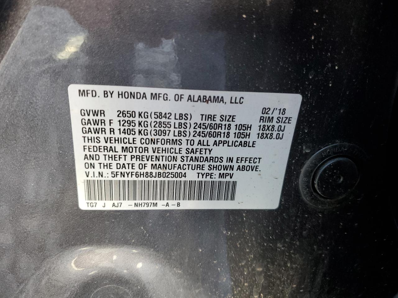 2018 Honda Pilot Exl VIN: 5FNYF6H88JB025004 Lot: 55721794