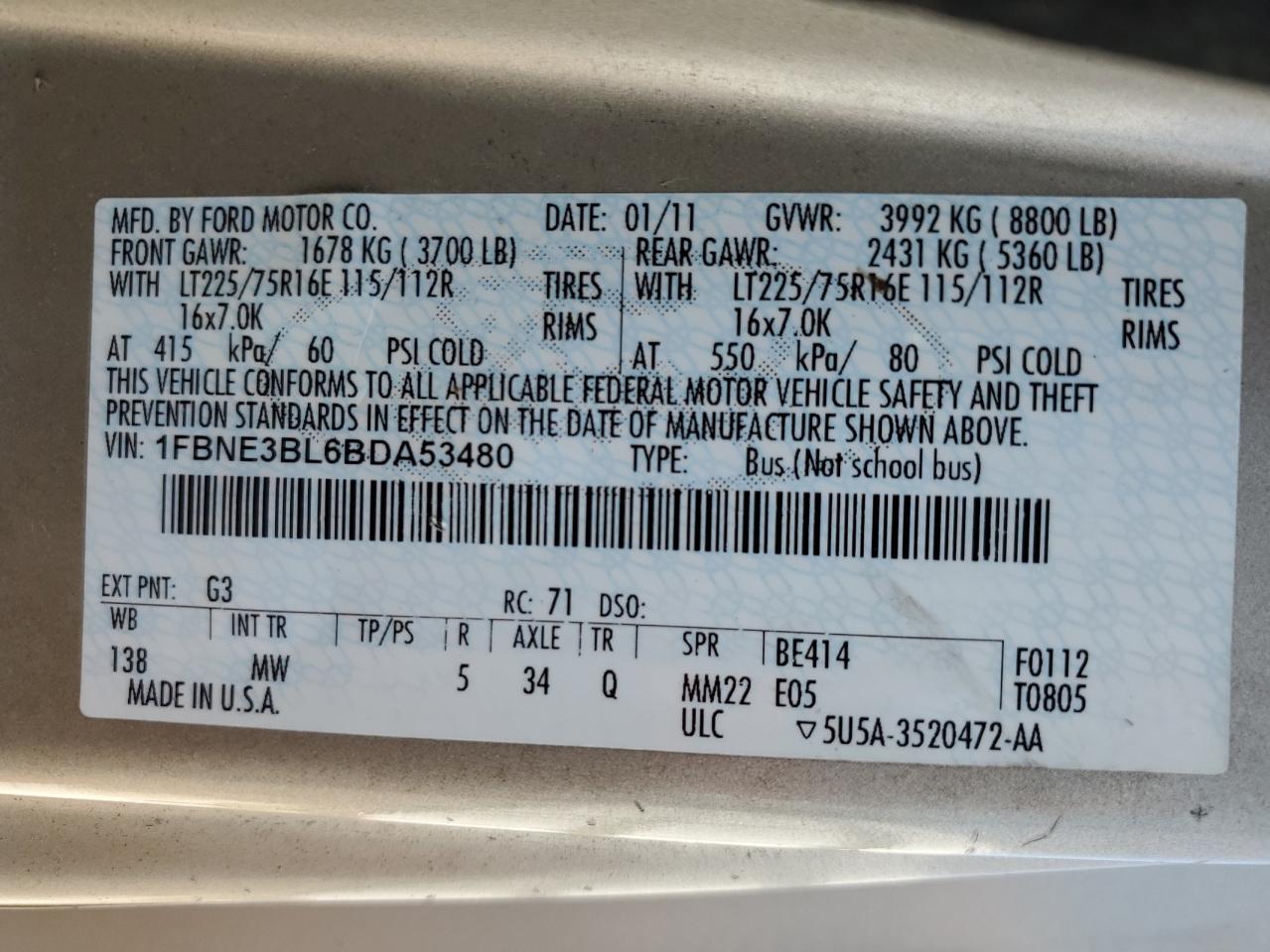 2011 Ford Econoline E350 Super Duty Wagon VIN: 1FBNE3BL6BDA53480 Lot: 62835635