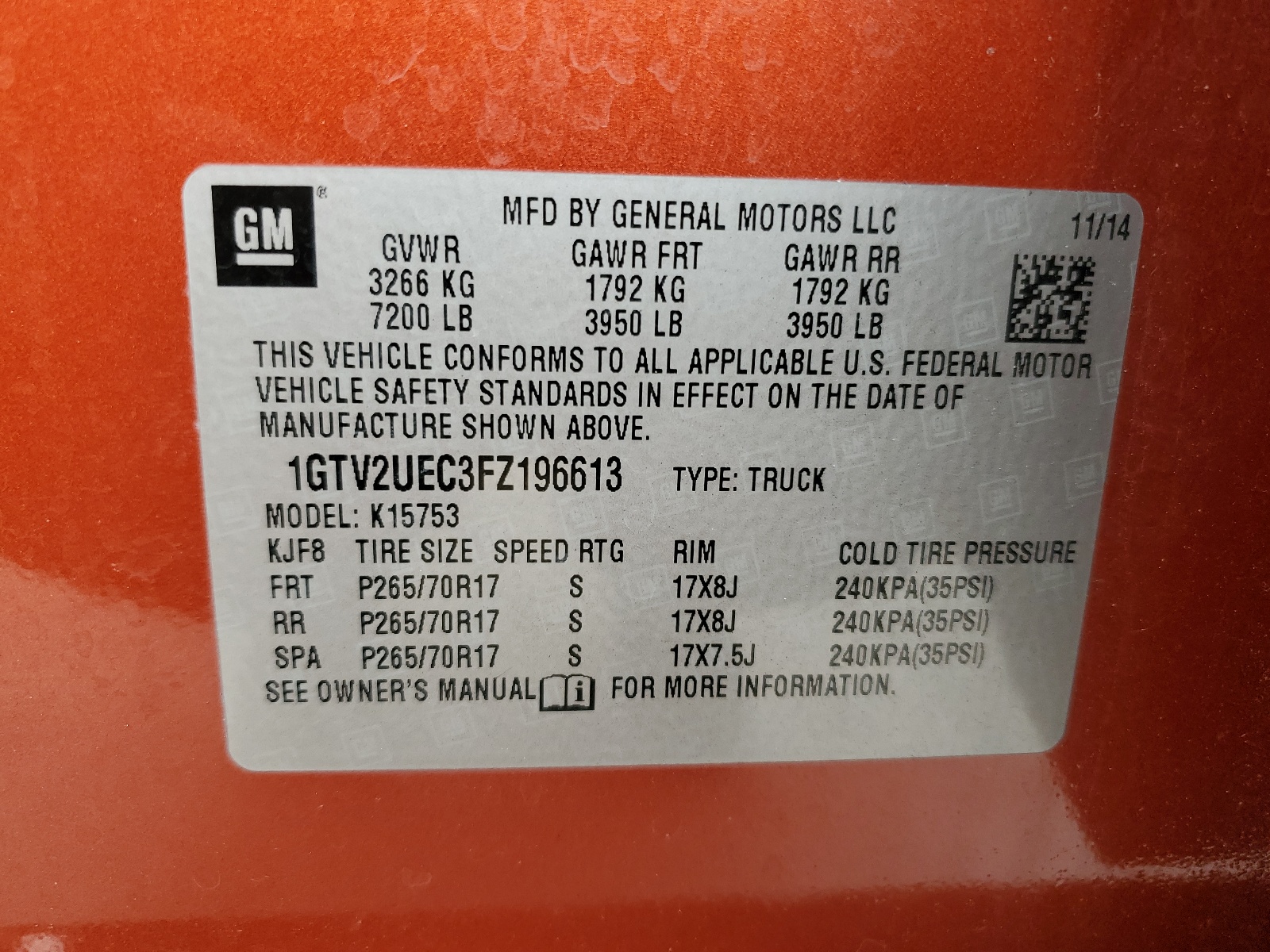 1GTV2UEC3FZ196613 2015 GMC Sierra K1500 Sle