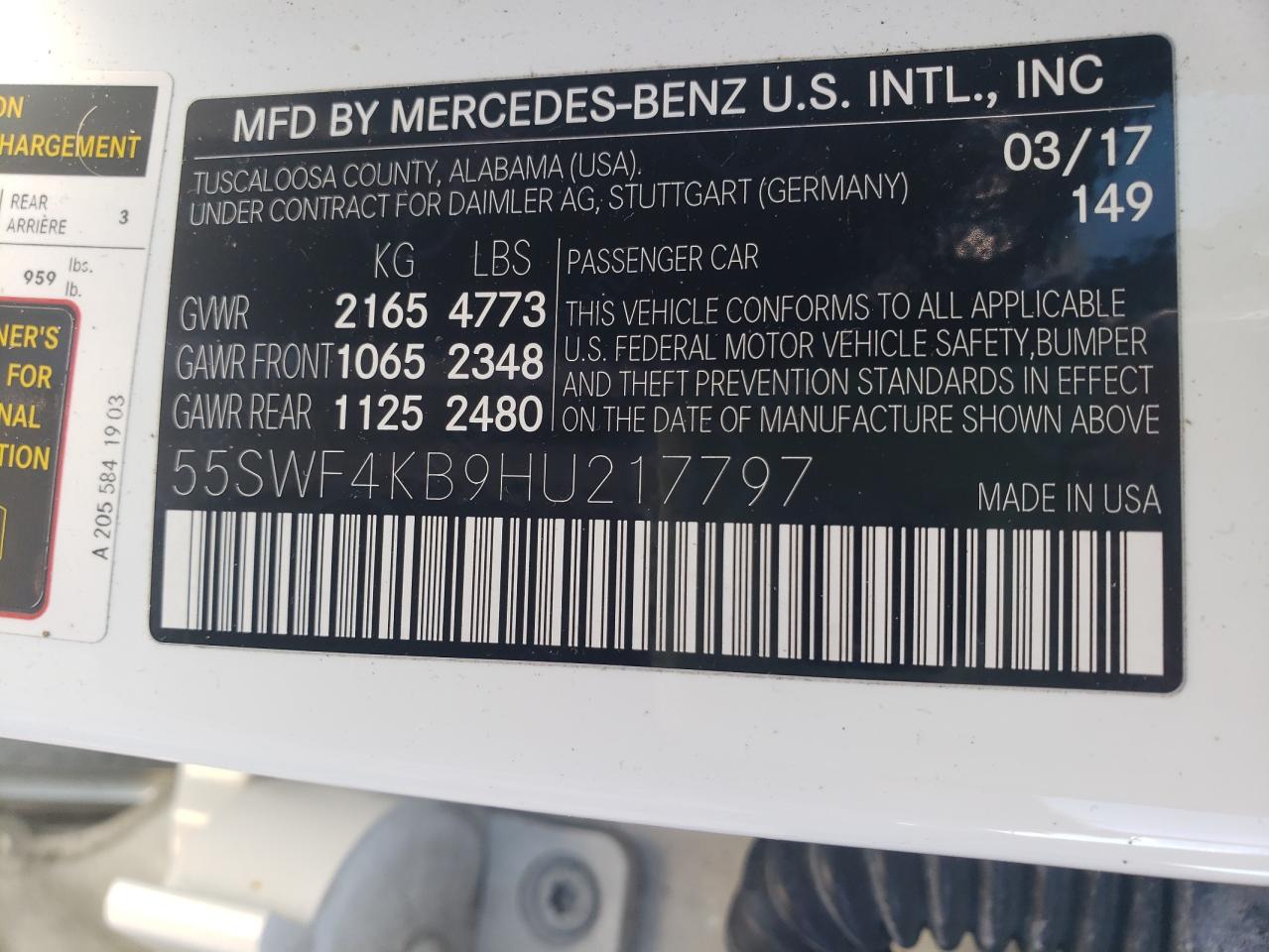 2017 Mercedes-Benz C 300 4Matic VIN: 55SWF4KB9HU217797 Lot: 54434694