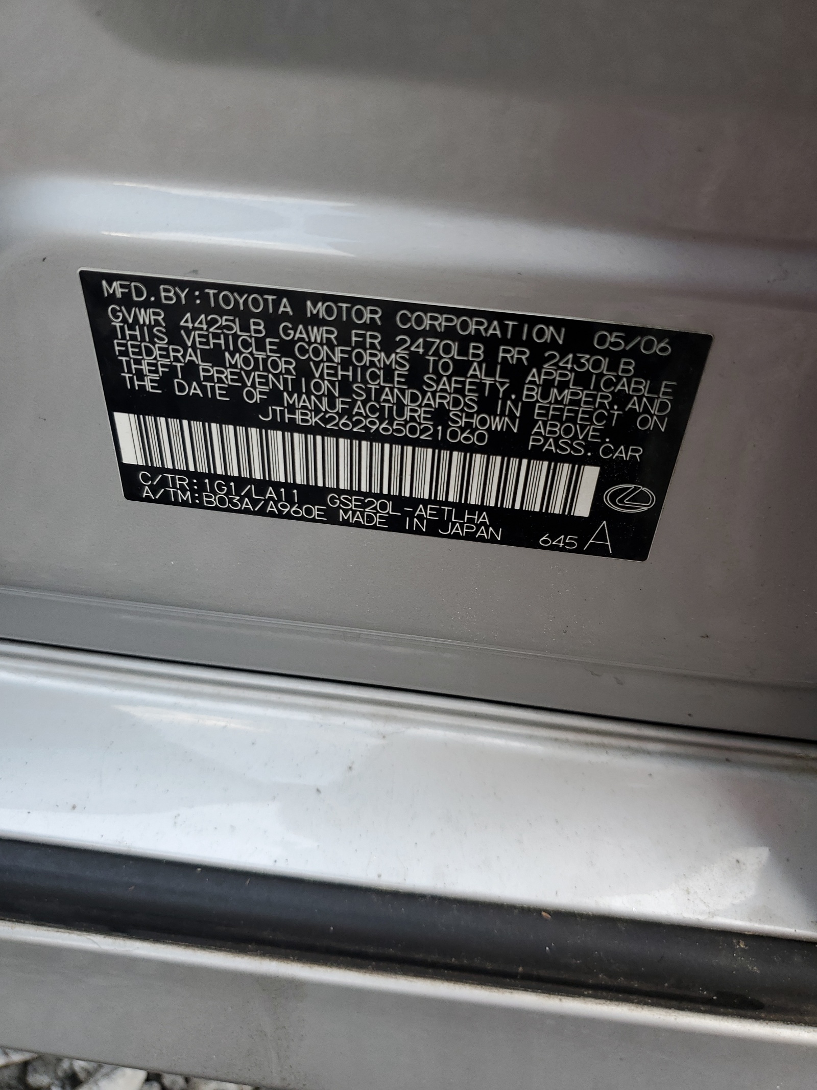 JTHBK262965021060 2006 Lexus Is 250