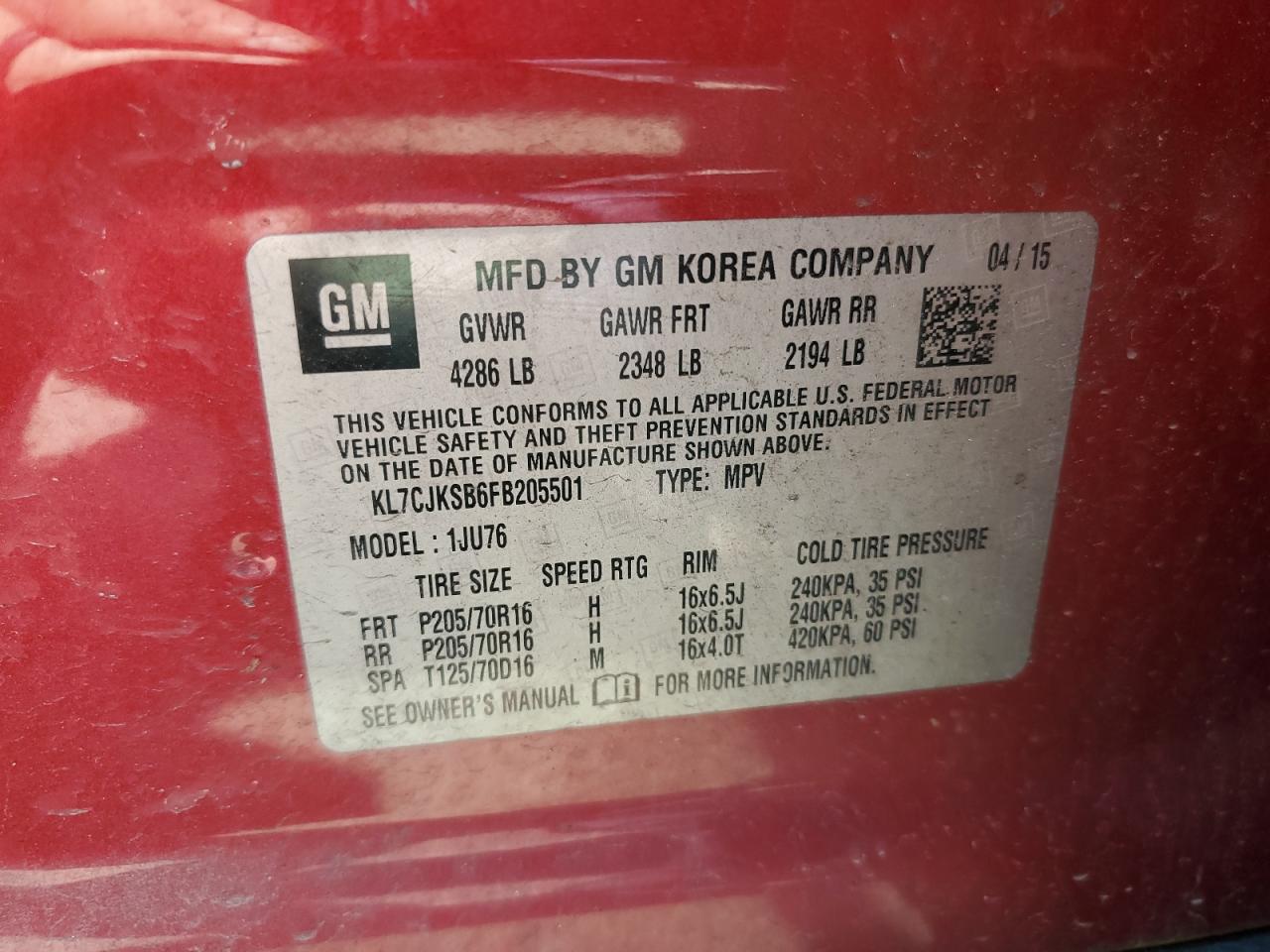 2015 Chevrolet Trax Ls VIN: KL7CJKSB6FB205501 Lot: 55602584