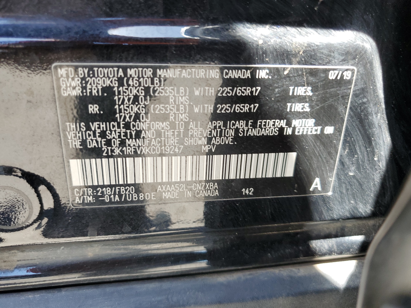 2T3K1RFVXKC019247 2019 Toyota Rav4 Le