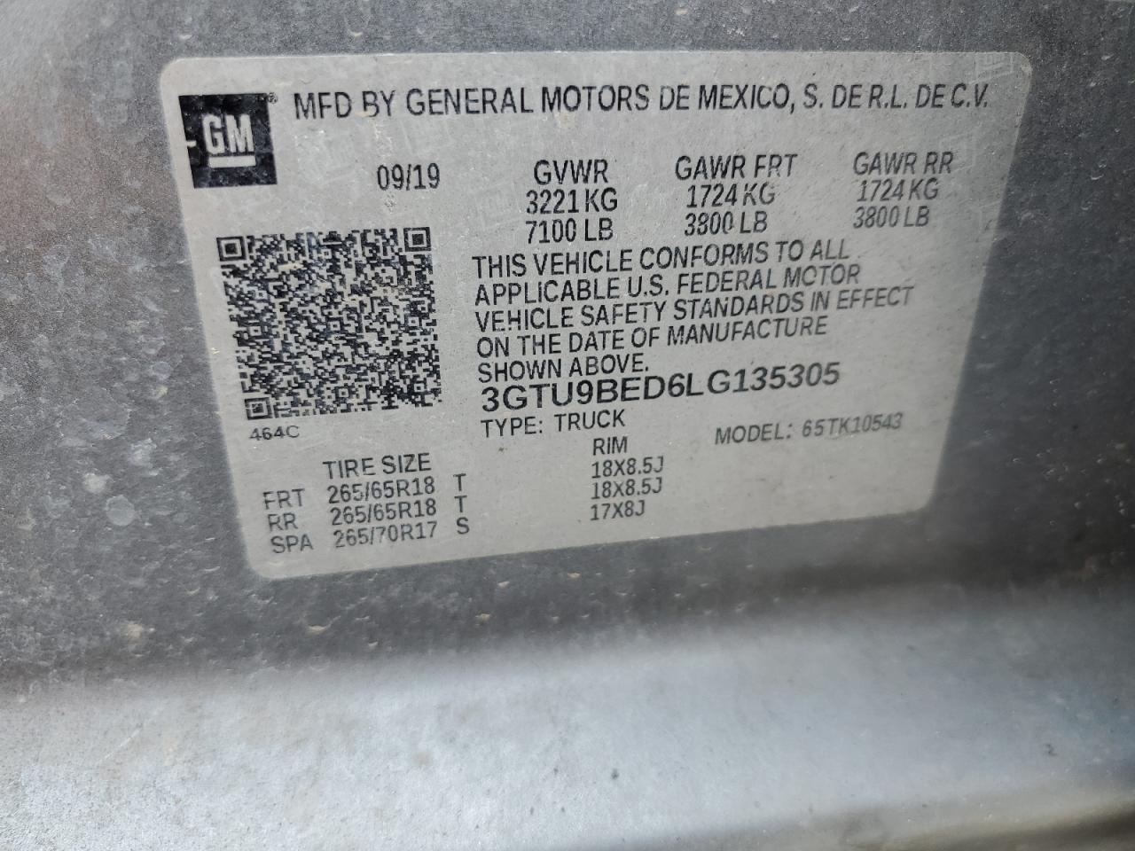 3GTU9BED6LG135305 2020 GMC Sierra K1500 Sle