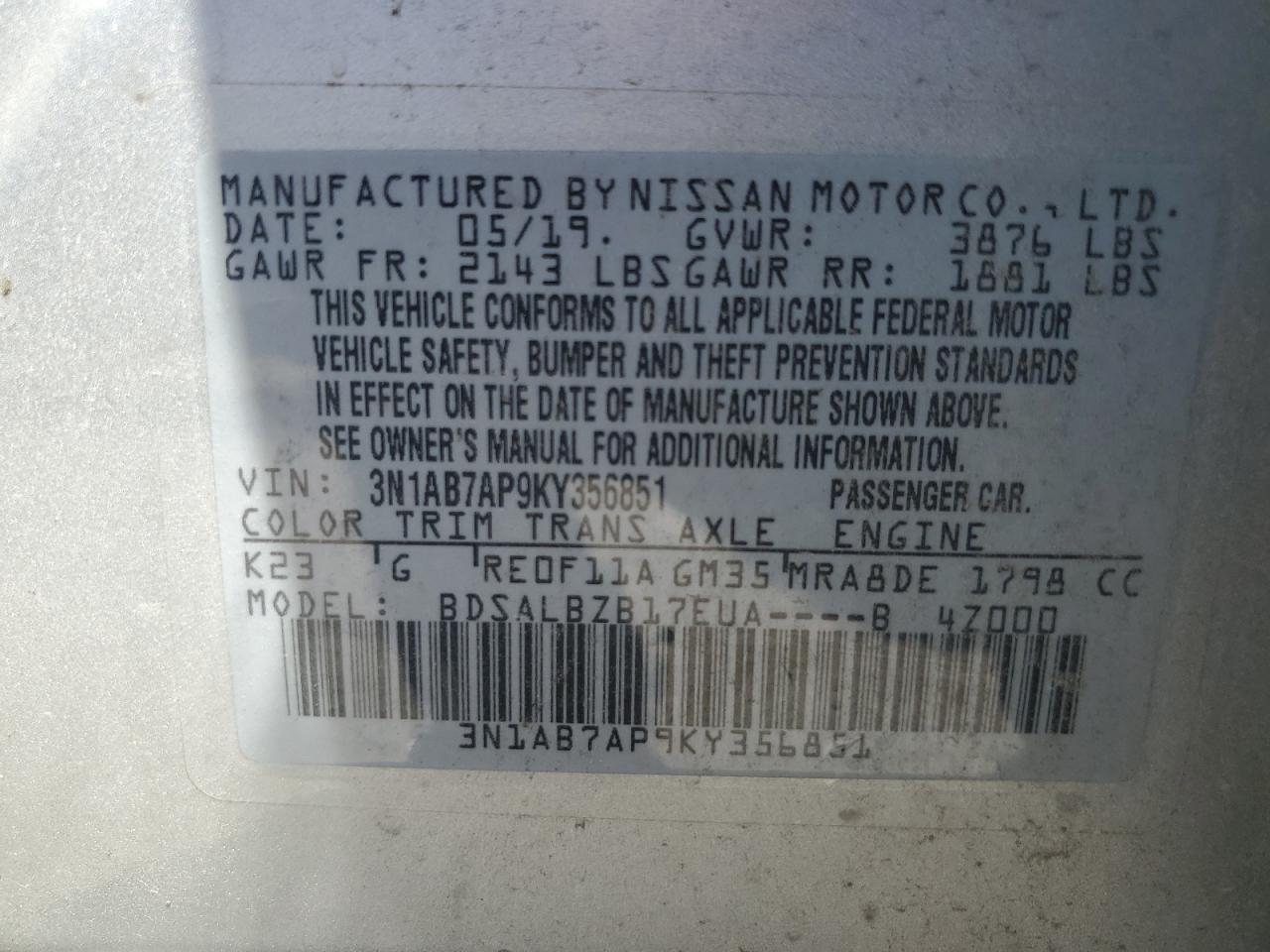 3N1AB7AP9KY356851 2019 Nissan Sentra S