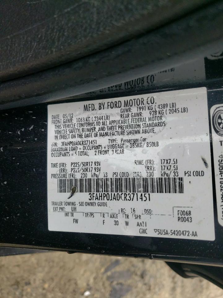 2012 Ford Fusion Sel VIN: 3FAHP0JA0CR371451 Lot: 53730154