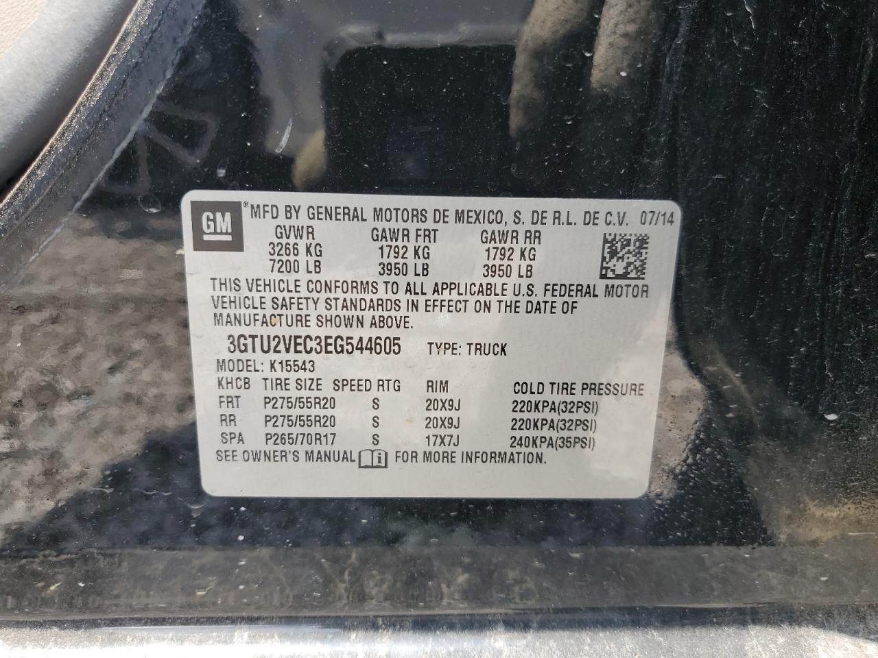 2014 GMC Sierra K1500 Slt VIN: 3GTU2VEC3EG544605 Lot: 54010394