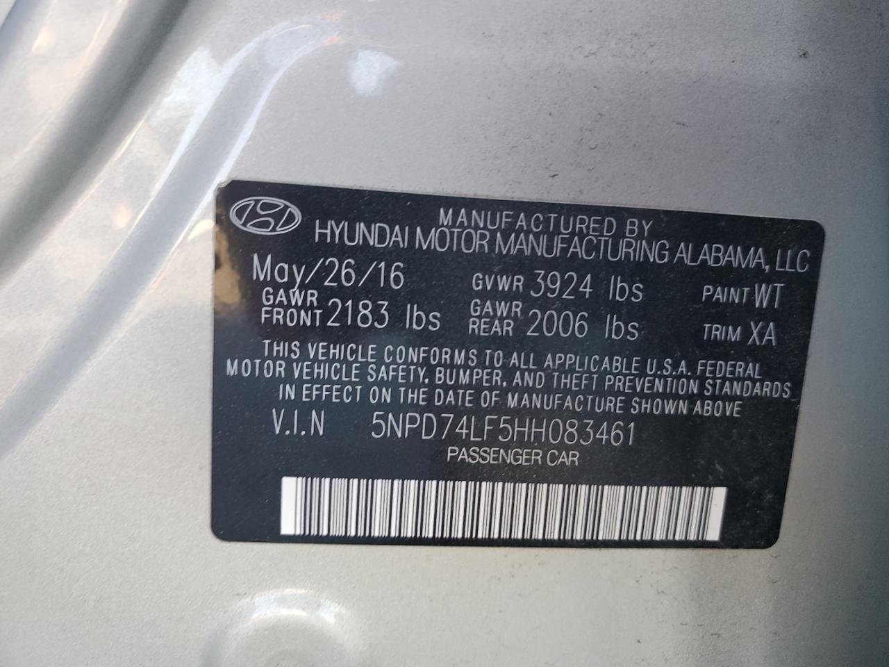 5NPD74LF5HH083461 2017 Hyundai Elantra Se