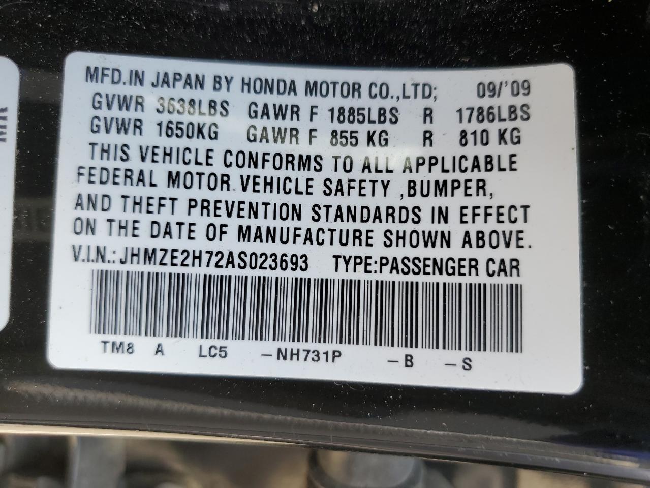 2010 Honda Insight Ex VIN: JHMZE2H72AS023693 Lot: 56755804