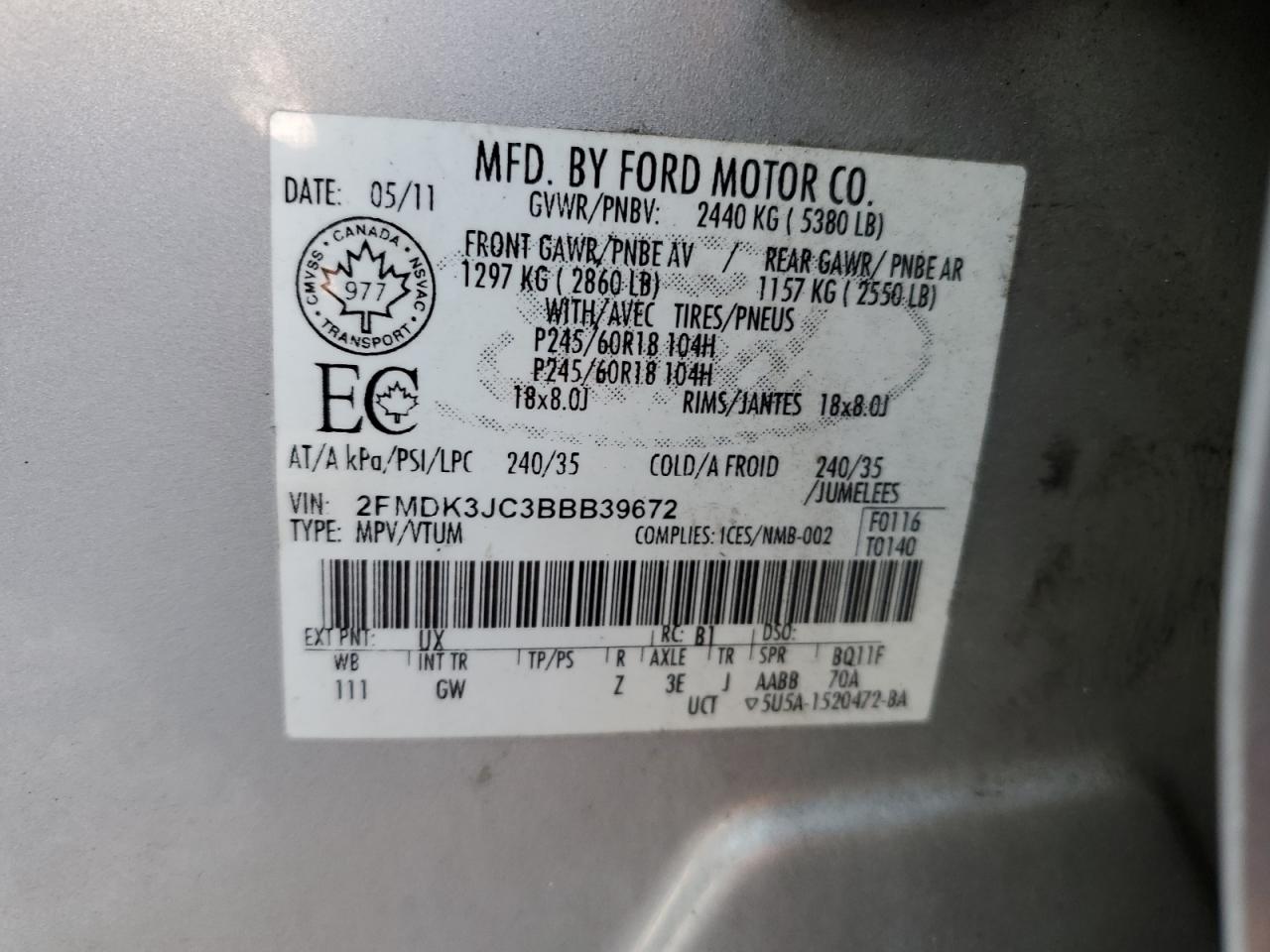 2FMDK3JC3BBB39672 2011 Ford Edge Sel