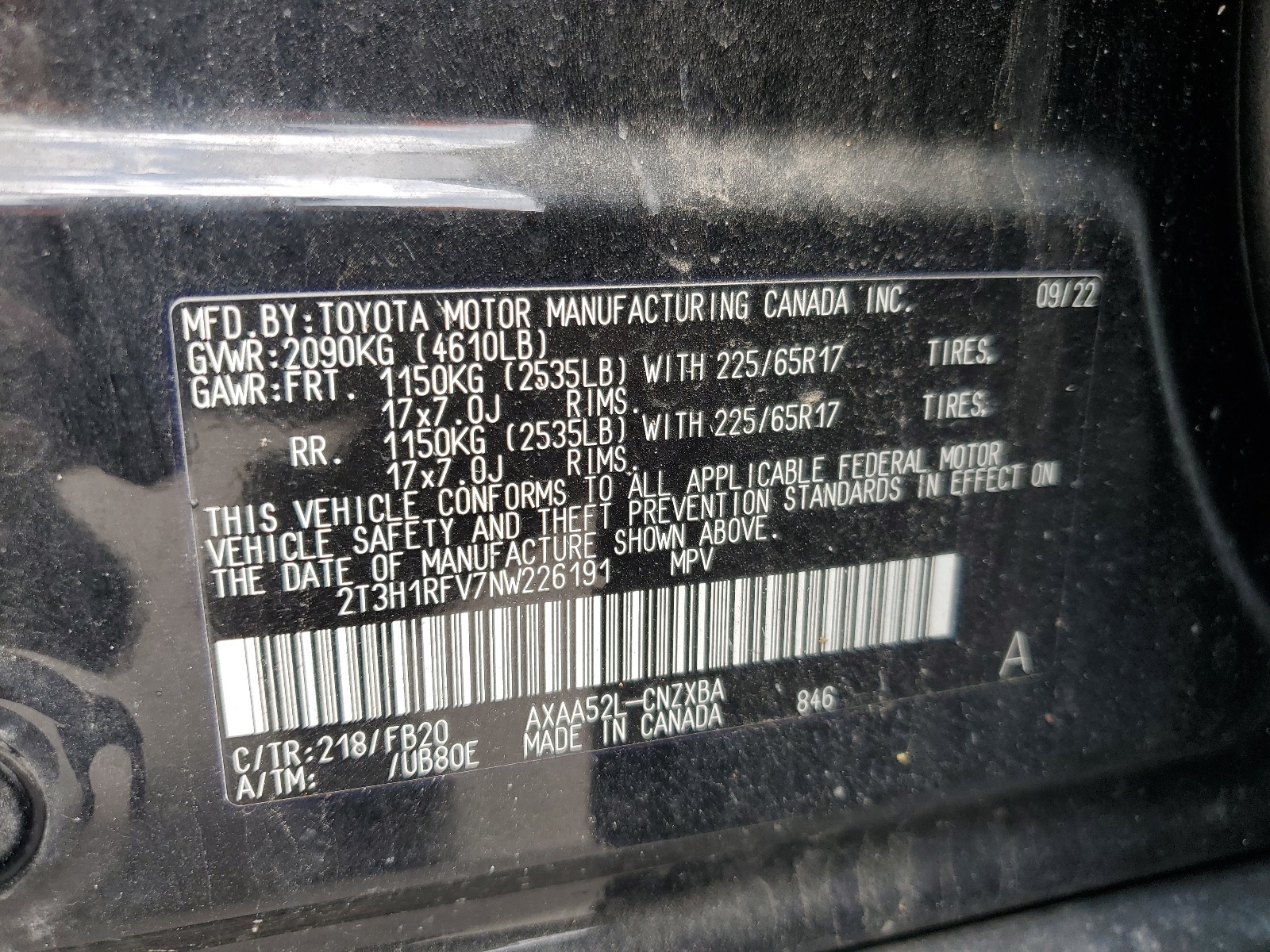 2T3H1RFV7NW226191 2022 Toyota Rav4 Le