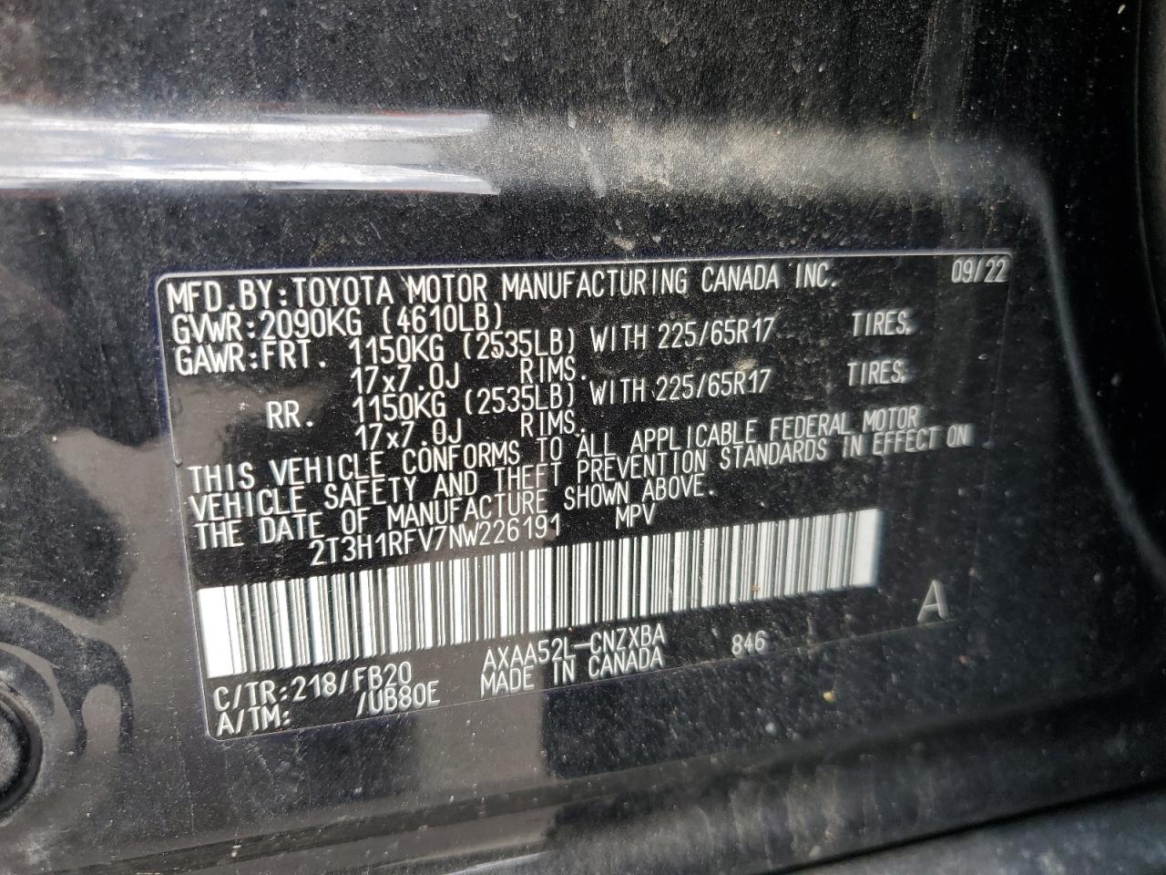 2022 Toyota Rav4 Le VIN: 2T3H1RFV7NW226191 Lot: 56261434