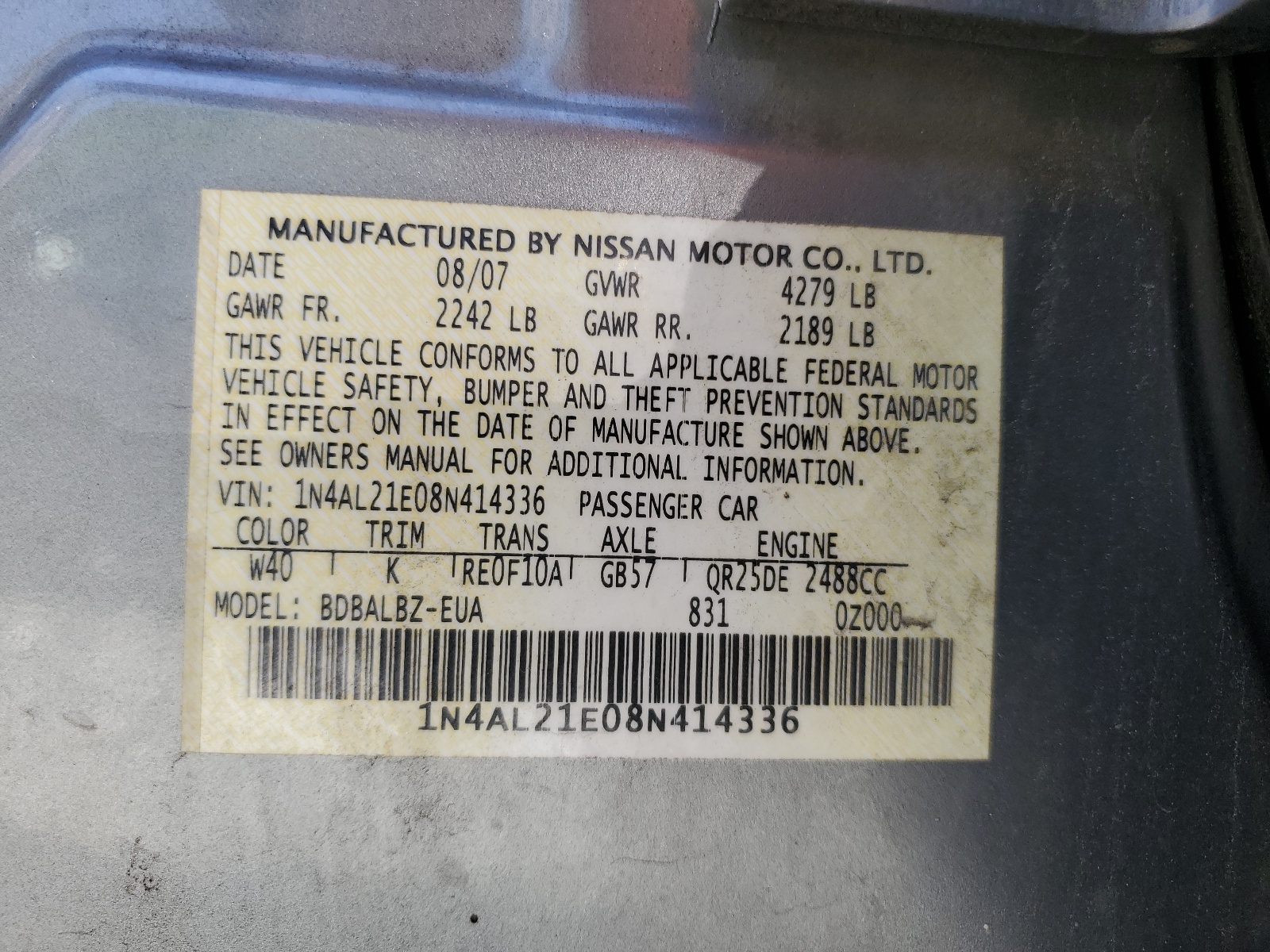 1N4AL21E08N414336 2008 Nissan Altima 2.5